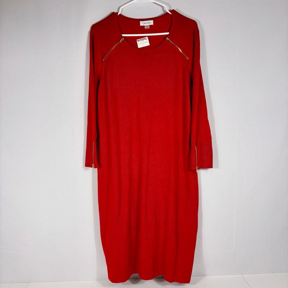 NWT Calvin Klein Vibrant Red Knit Sweater Dress with Gold Zippers Size XL EE0582